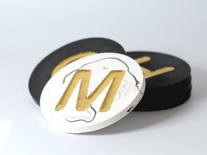 "Home" coasters with imitation gold foil letters
