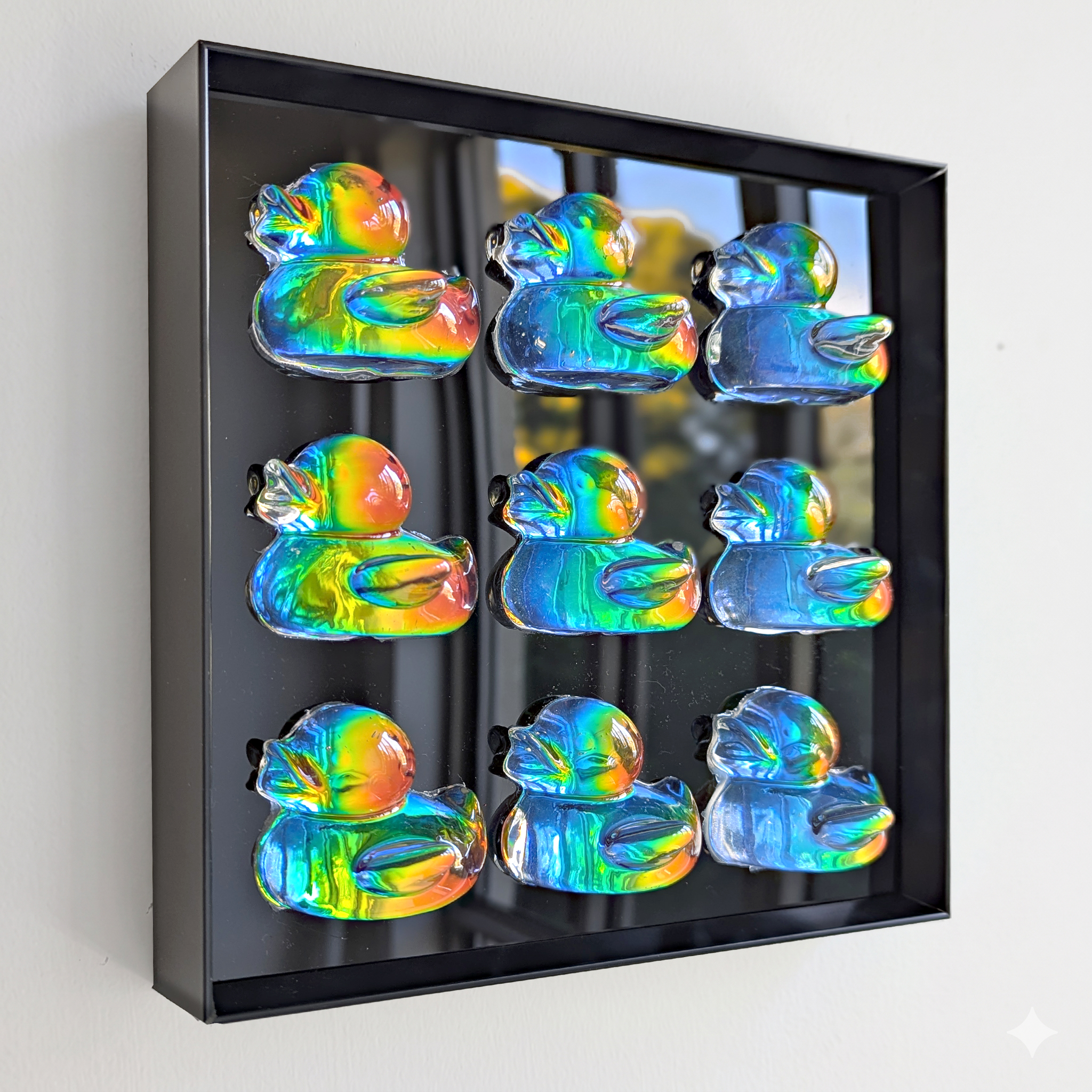 Holographic duck pop art – 3D resin wall decor in black metal frame, 20cm x 20cm, hanging on wall