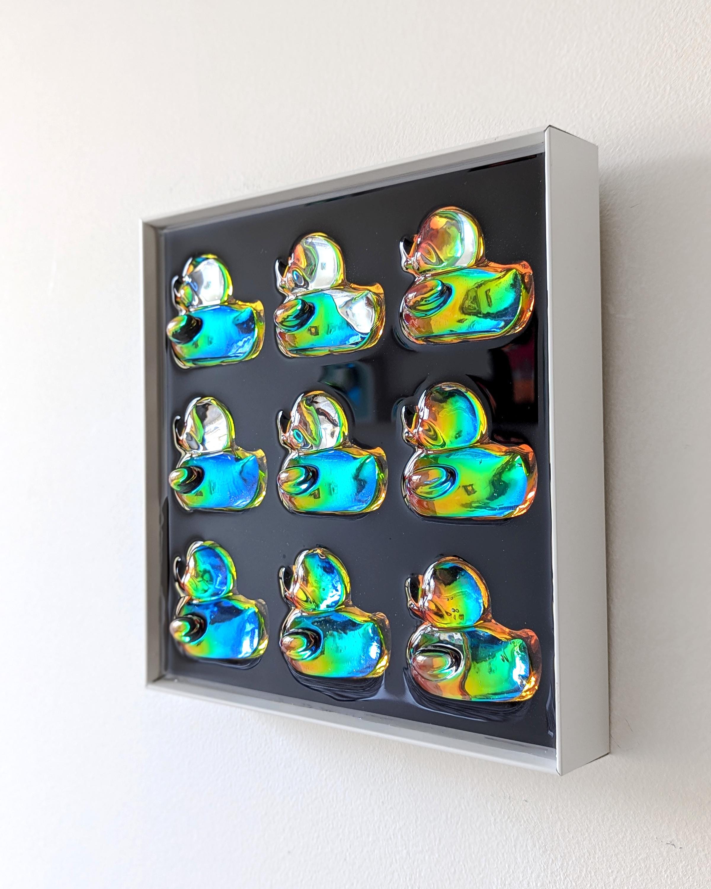 Framed holographic duck artwork hanging on wall – modern pop art home decor, 20cm x 20cm